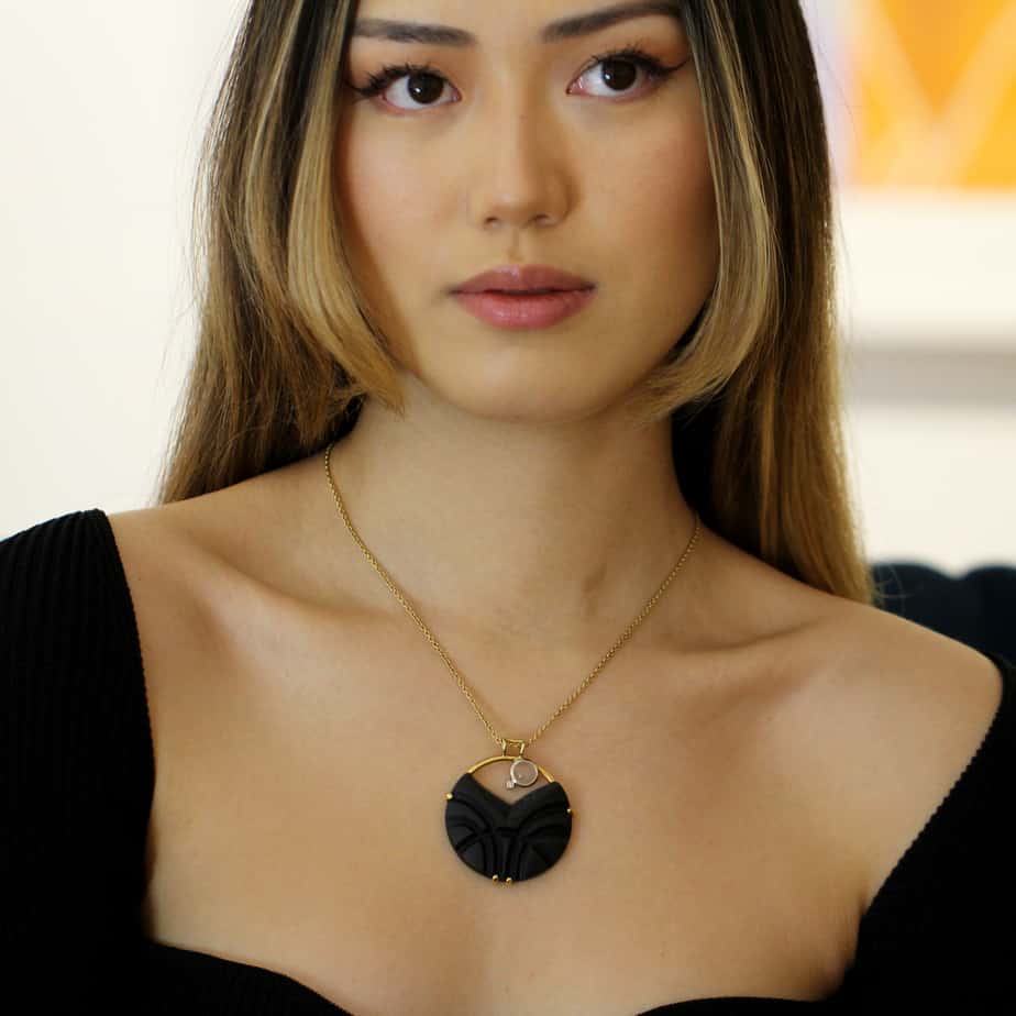 Nicole Van Der Wolf - 18k Yellow White Gold Onyx Druze Moonstone Diamond Snowscape Pendant - DESIGNYARD, Dublin Ireland.