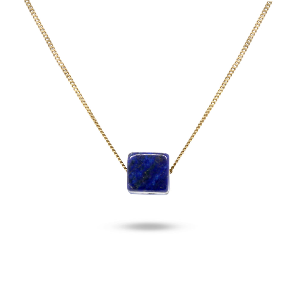 Nicole Van Der Wolf - 9k Yellow Gold Lapis Lazuli Cube Necklace - DESIGNYARD, Dublin Ireland.