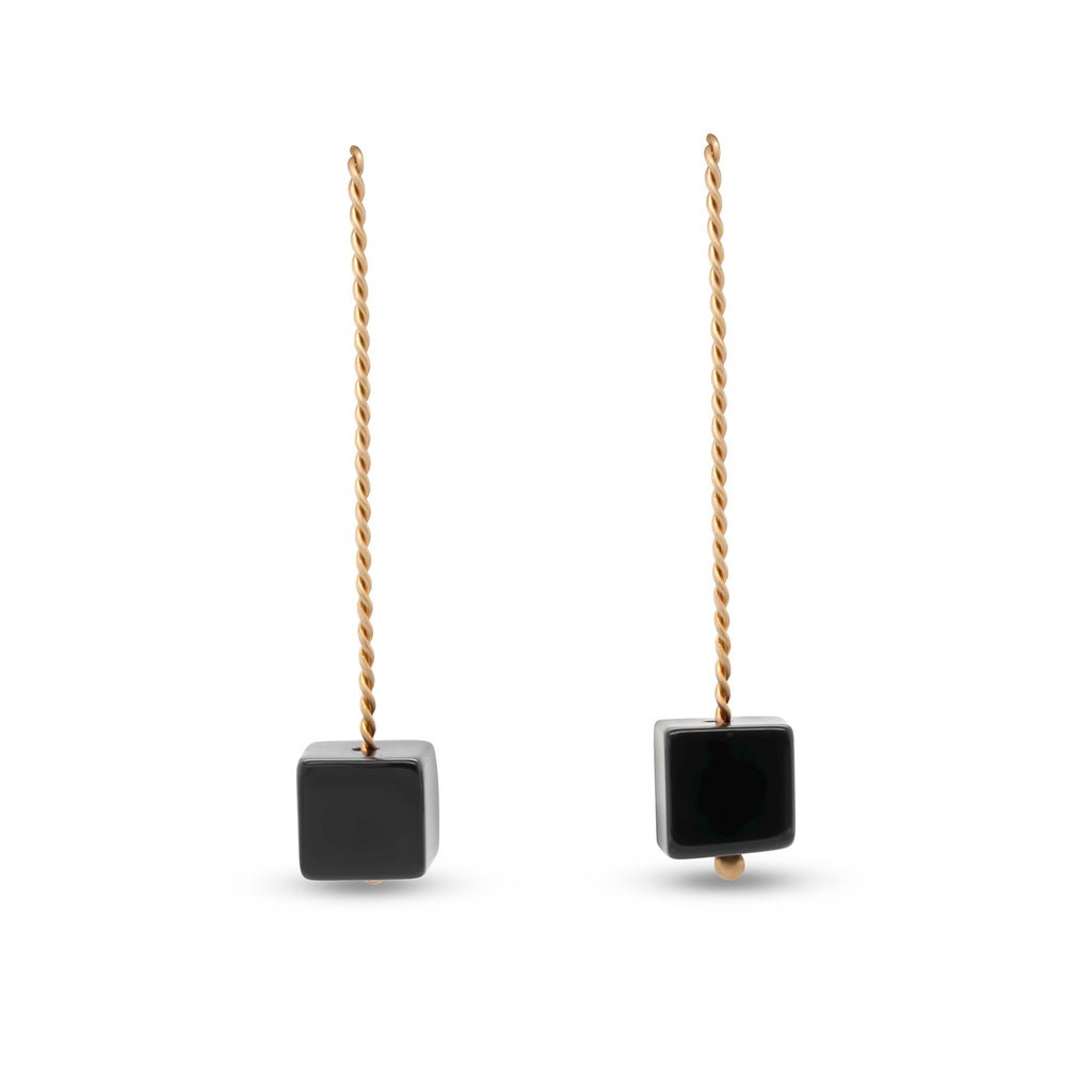 Nicole Van Der Wolf - 9k Yellow Gold Onyx Cube Long Earrings - DESIGNYARD, Dublin Ireland.