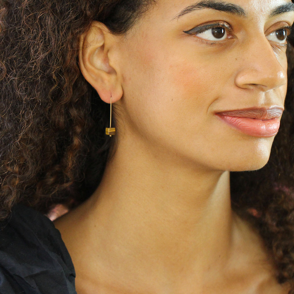 Nicole Van Der Wolf - 9k Yellow Gold Long Tigers Eye Earrings - DESIGNYARD, Dublin Ireland.
