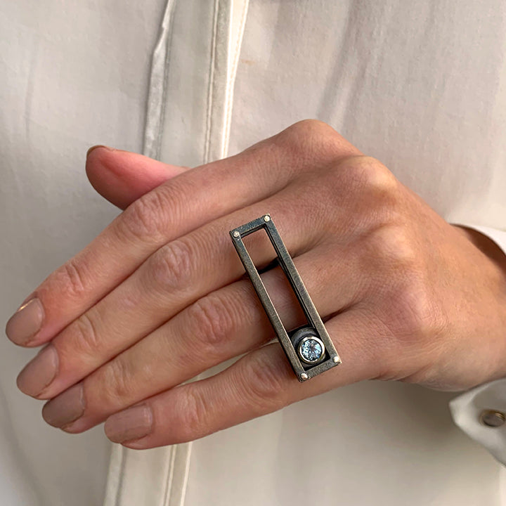 Nicole Van Der Wolf - Oxidised Silver ShipShape Aquamarine Ring - DESIGNYARD, Dublin Ireland.