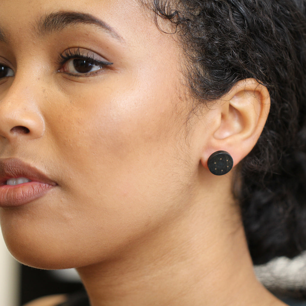 Roger Bennett - Sterling Silver Black Circle Maple Earrings With Silver Inlay - DESIGNYARD, Dublin Ireland.