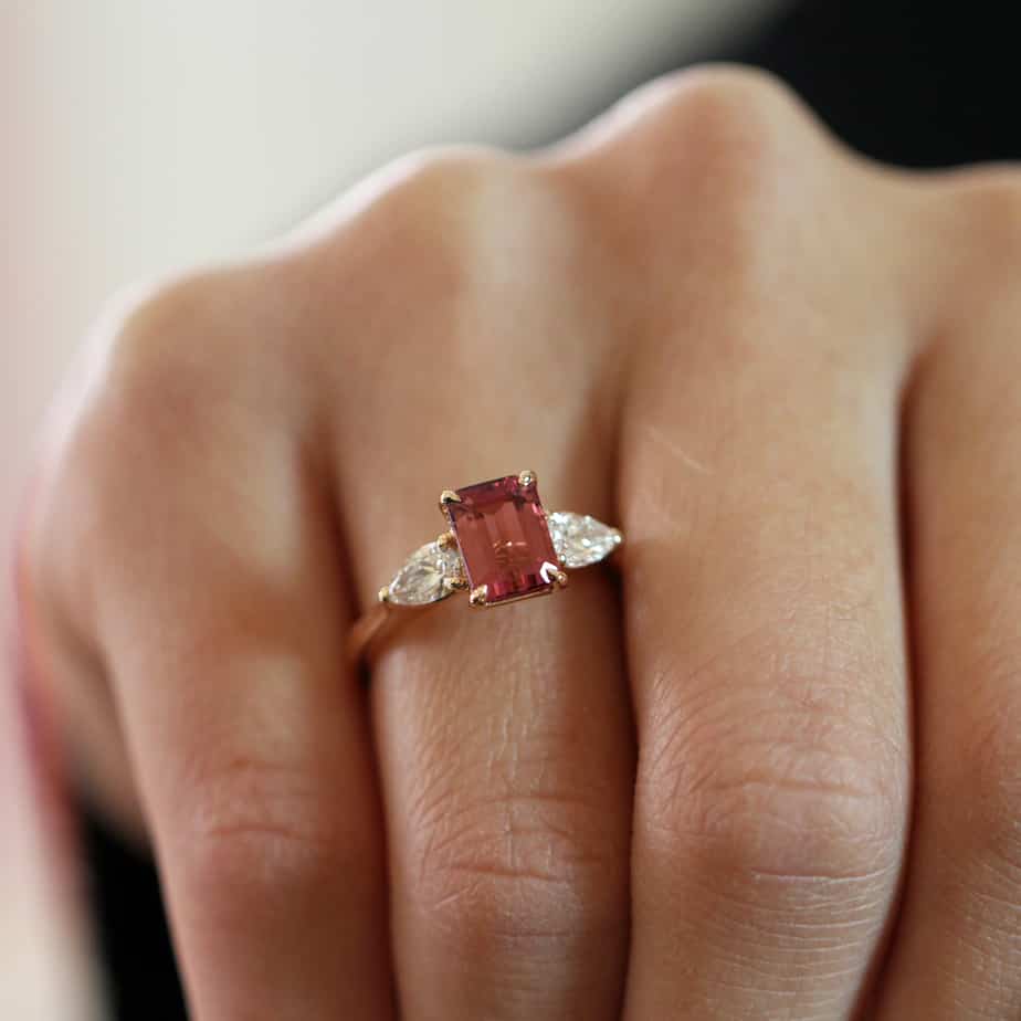 Photograph 2 of 18k Rose Gold Pink Tourmaline Pear Diamond Engagement Ring. Available on DESIGNYARD.com and in our Jewellery Shop Dublin, Ireland. Free Worldwide Shipping with DHL.