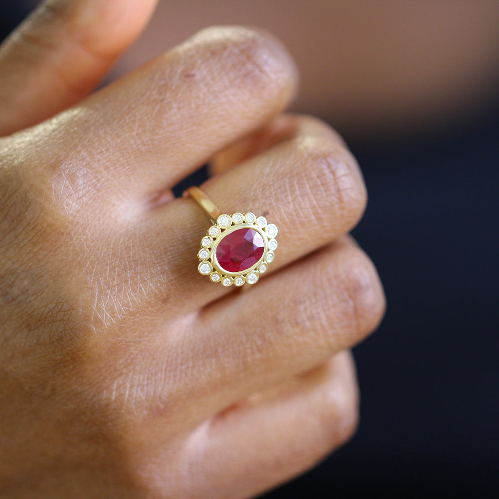 Photograph 3 of Contemporary 18k Yellow Gold Ruby Circulos Diamond Engagement Ring. Available on DESIGNYARD.com and in our Jewellery Shop Dublin, Ireland. Free Worldwide Shipping with DHL.