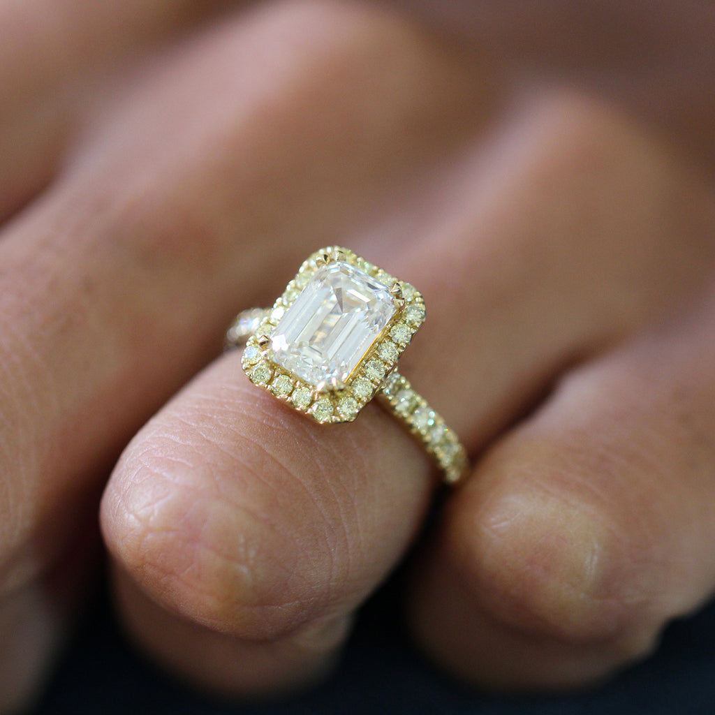 Photograph 3 of 18k Yellow Gold Emerald Cut Aureola 2.16ct Diamond Engagement Ring. Available on DESIGNYARD.com and in our Jewellery Shop Dublin, Ireland. Free Worldwide Shipping with DHL.