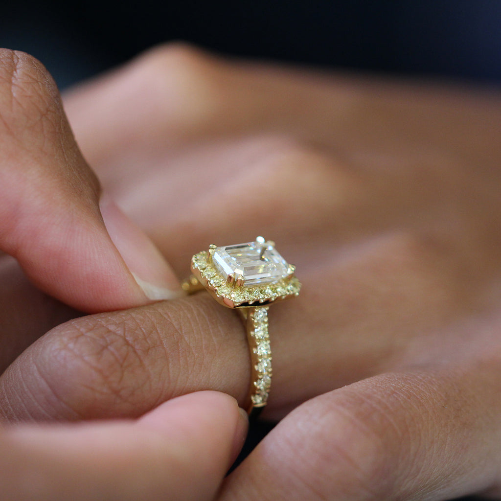 Photograph 2 of 18k Yellow Gold Emerald Cut Aureola 2.16ct Diamond Engagement Ring. Available on DESIGNYARD.com and in our Jewellery Shop Dublin, Ireland. Free Worldwide Shipping with DHL.