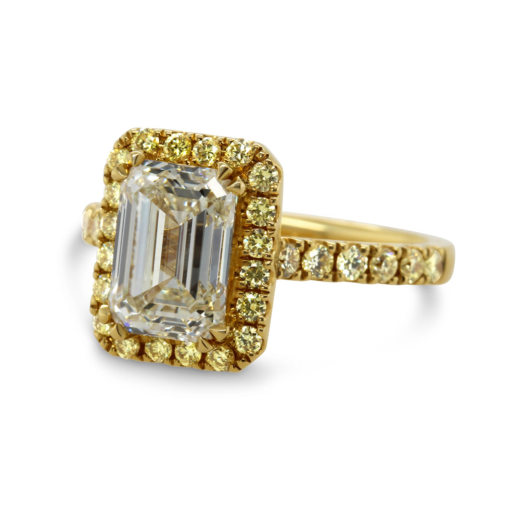 Ronan Campbell - 18k Yellow Gold Emerald Cut Aureola 3.14ct Diamond Engagement Ring - DESIGNYARD, Dublin Ireland.