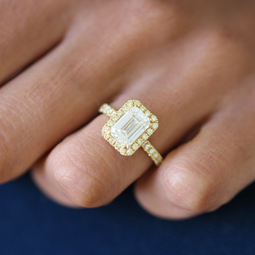 Ronan Campbell - 18k Yellow Gold Emerald Cut Aureola 3.14ct Diamond Engagement Ring - DESIGNYARD, Dublin Ireland.