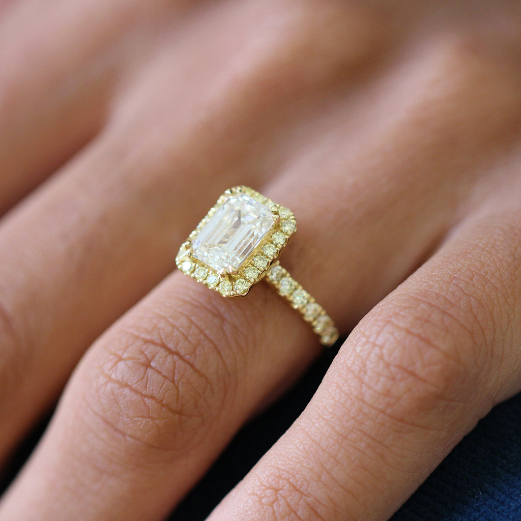 Ronan Campbell - 18k Yellow Gold Emerald Cut Aureola 3.14ct Diamond Engagement Ring - DESIGNYARD, Dublin Ireland.