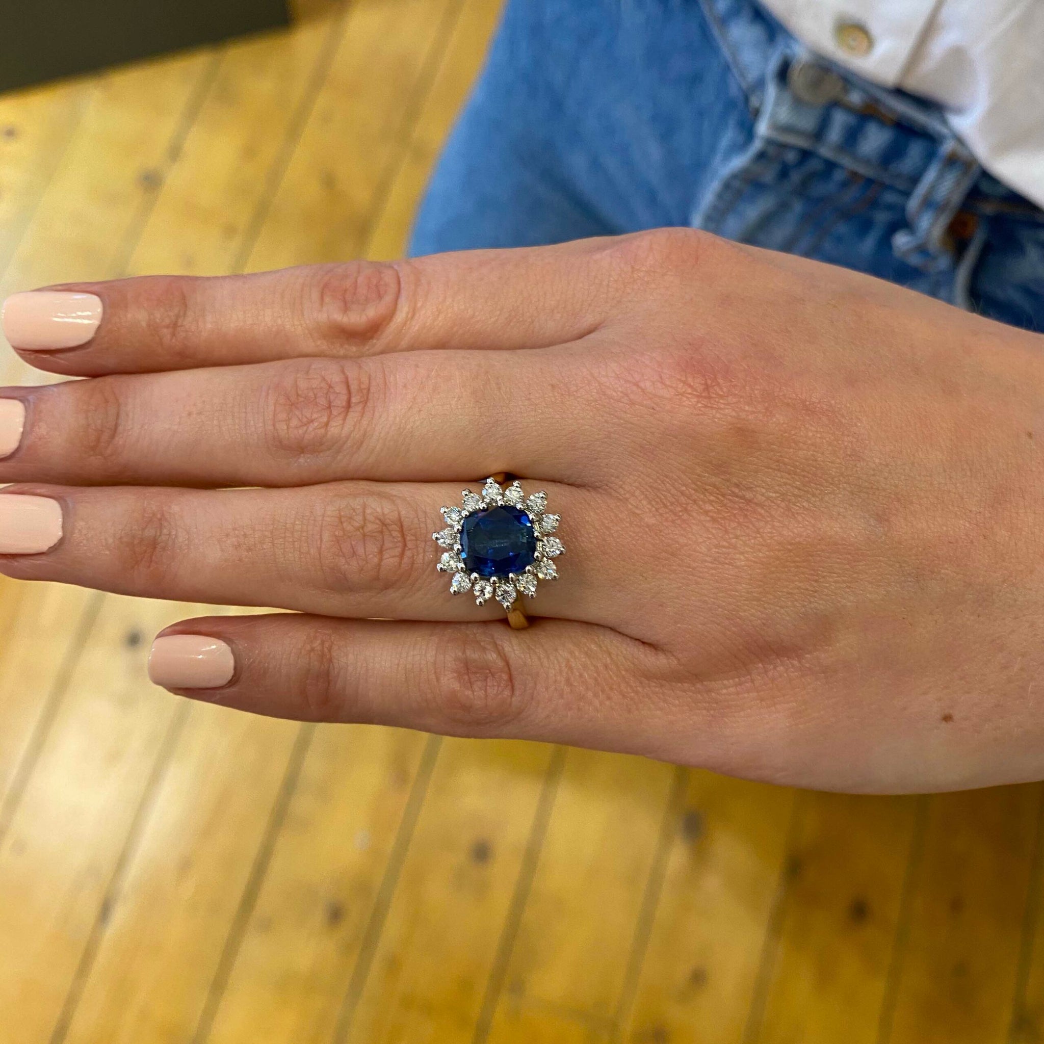 18k Yellow Gold Blue Sapphire Cushion Cluster Engagement Ring by