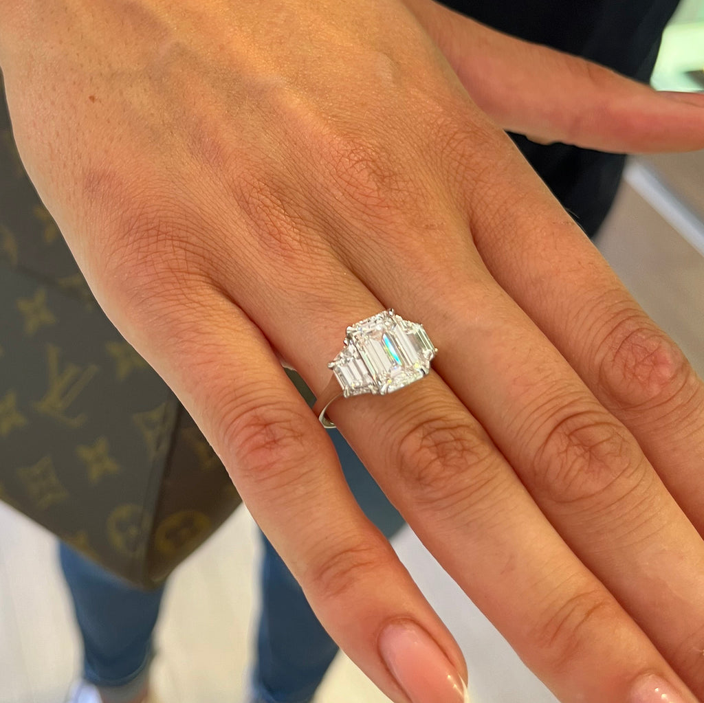Ronan Campbell - Platinum Emerald Trapzoid Cut 6.13ct Diamond Lab Grown Engagement Ring - DESIGNYARD, Dublin Ireland.