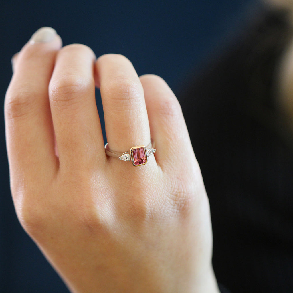 Photograph 5 of Platinum 18k Rose Gold Pink Bezel Tourmaline Pear Diamond Engagement Ring. Available on DESIGNYARD.com and in our Jewellery Shop Dublin, Ireland. Free Worldwide Shipping with DHL.