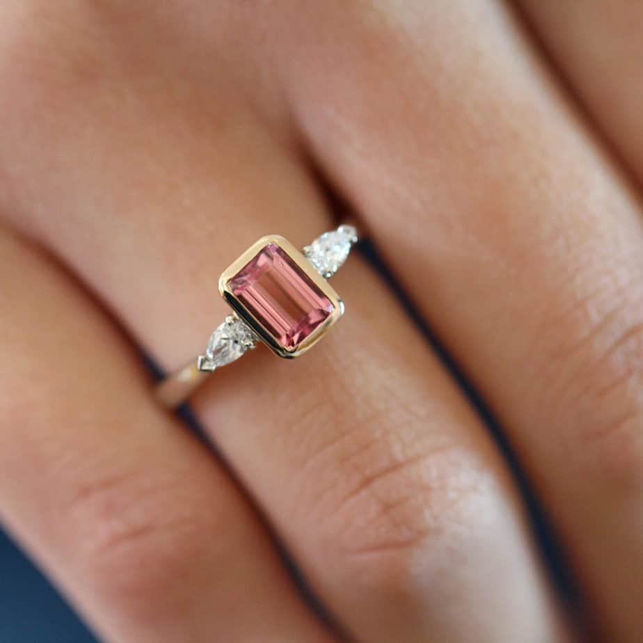 Photograph 2 of Platinum 18k Rose Gold Pink Bezel Tourmaline Pear Diamond Engagement Ring. Available on DESIGNYARD.com and in our Jewellery Shop Dublin, Ireland. Free Worldwide Shipping with DHL.