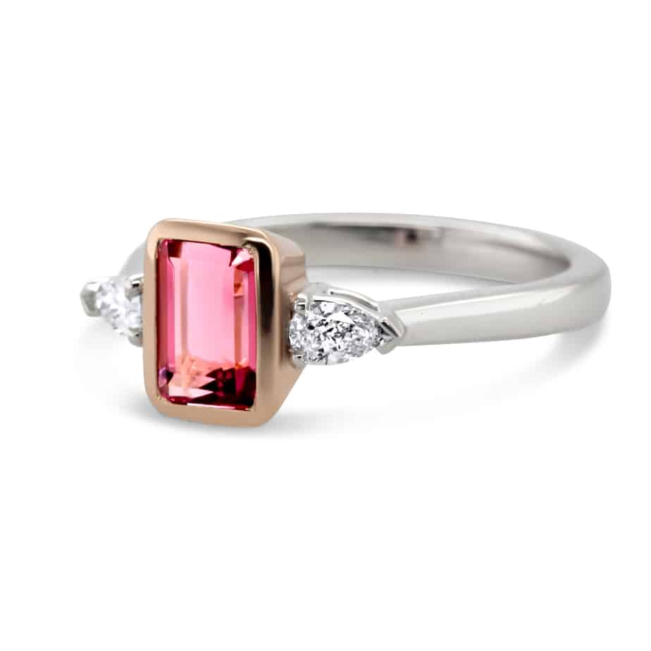 Photograph 3 of Platinum 18k Rose Gold Pink Bezel Tourmaline Pear Diamond Engagement Ring. Available on DESIGNYARD.com and in our Jewellery Shop Dublin, Ireland. Free Worldwide Shipping with DHL.