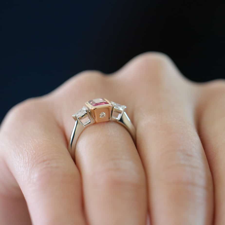 Photograph 4 of Platinum 18k Rose Gold Pink Bezel Tourmaline Pear Diamond Engagement Ring. Available on DESIGNYARD.com and in our Jewellery Shop Dublin, Ireland. Free Worldwide Shipping with DHL.