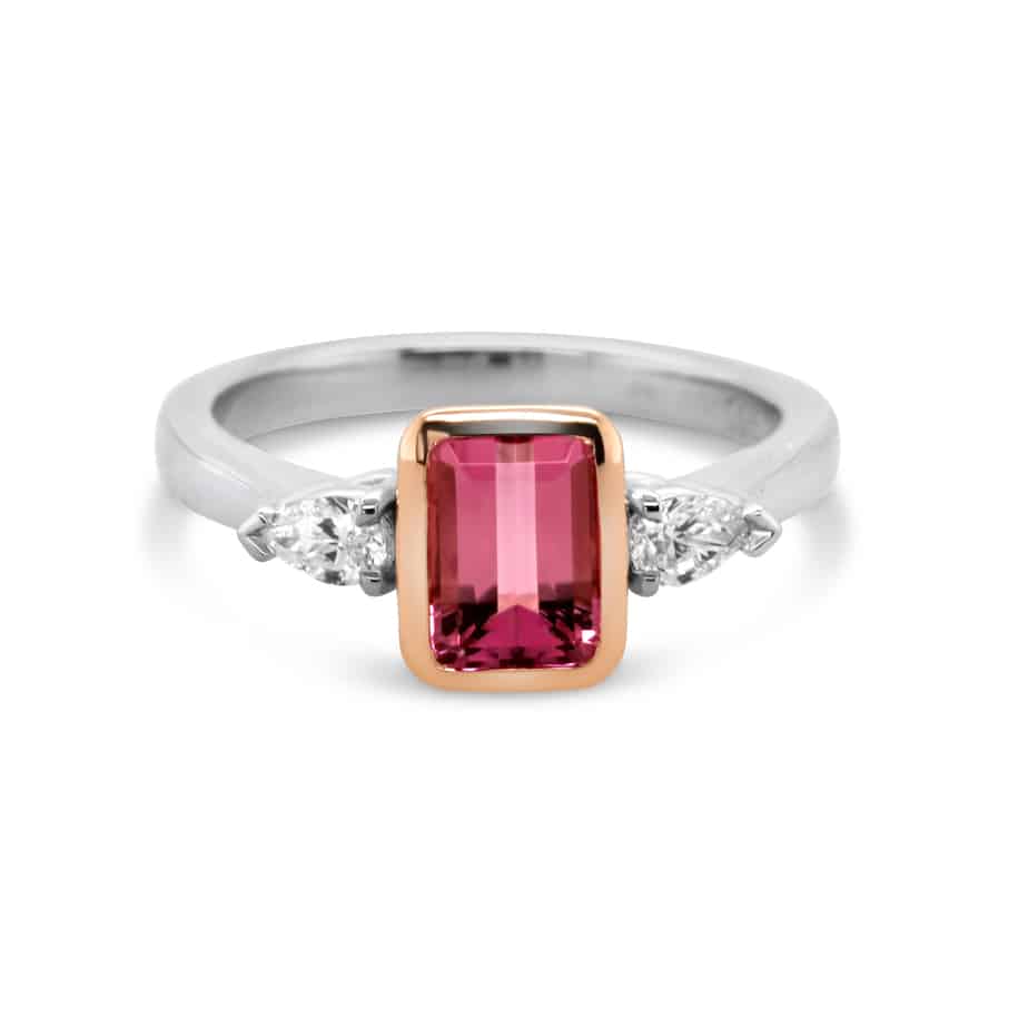 Photograph 1 of Platinum 18k Rose Gold Pink Bezel Tourmaline Pear Diamond Engagement Ring. Available on DESIGNYARD.com and in our Jewellery Shop Dublin, Ireland. Free Worldwide Shipping with DHL.