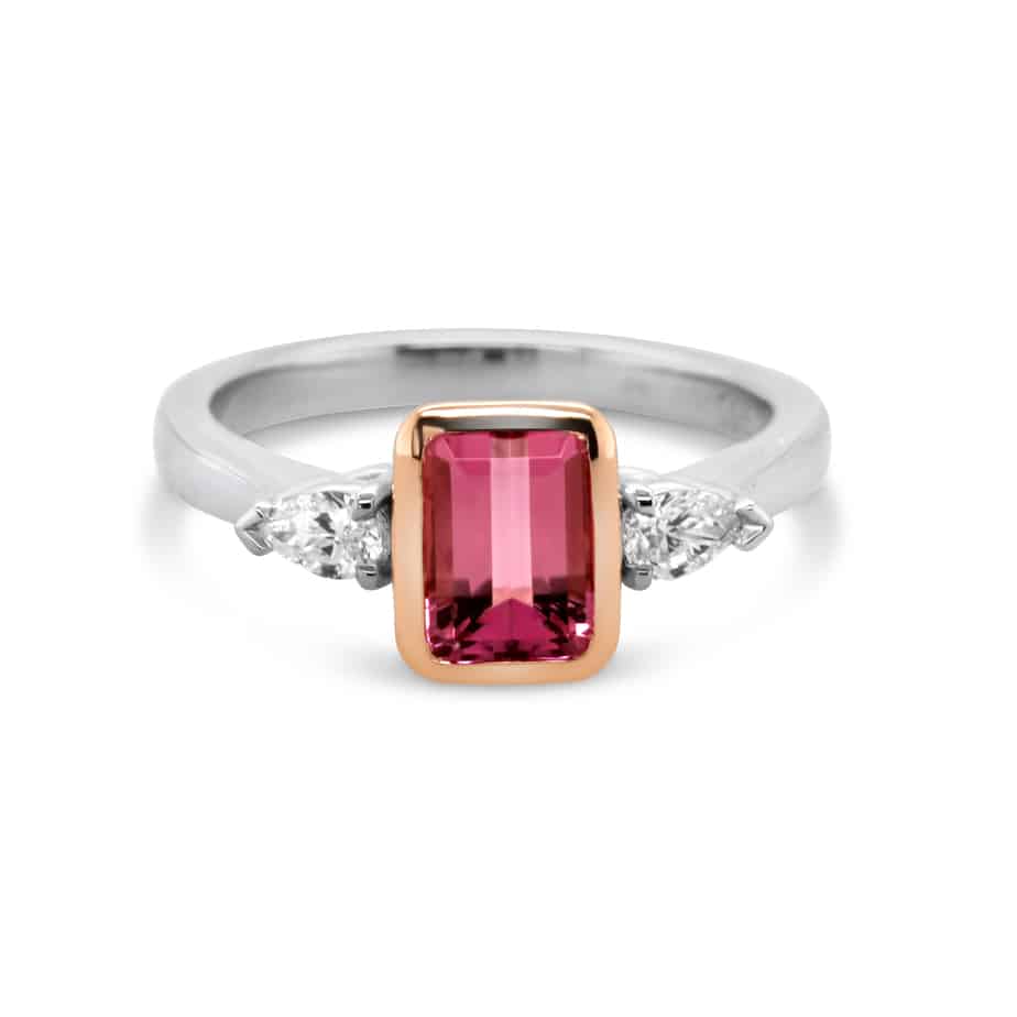 Ronan Campbell - Platinum 18k Rose Gold Pink Bezel Tourmaline Pear Diamond Ring - DESIGNYARD, Dublin Ireland.