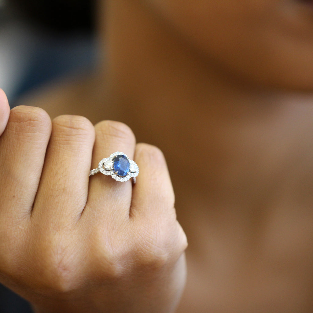 Photograph 3 of Platinum & 18k Yellow Gold Blue Sapphire Diamond Engagement Ring. Available on DESIGNYARD.com and in our Jewellery Shop Dublin, Ireland. Free Worldwide Shipping with DHL.