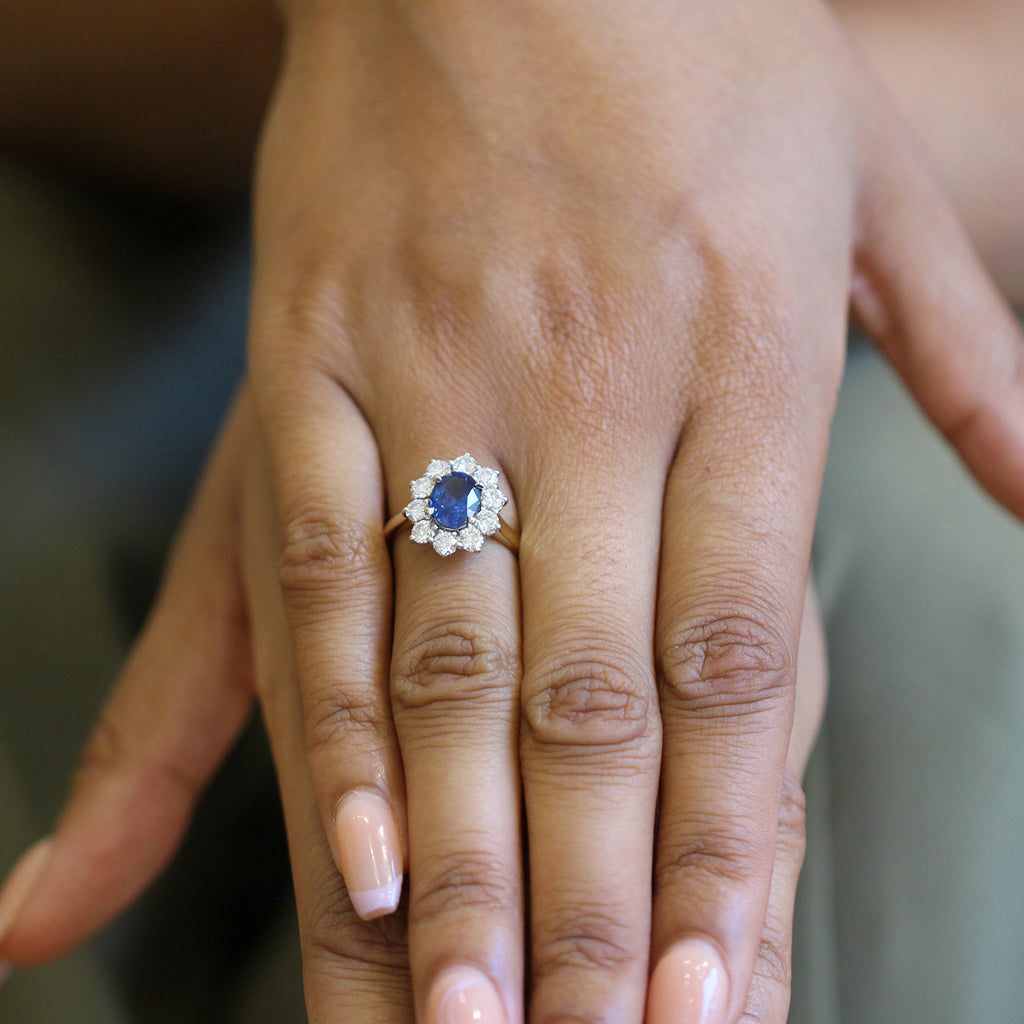 Photograph 3 of Platinum & 18k Yellow Gold Blue Sapphire Diamond Cluster Engagement Ring. Available on DESIGNYARD.com and in our Jewellery Shop Dublin, Ireland. Free Worldwide Shipping with DHL.