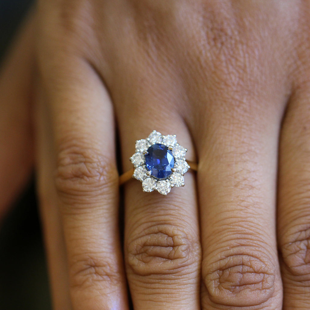 Photograph 2 of Platinum & 18k Yellow Gold Blue Sapphire Diamond Cluster Engagement Ring. Available on DESIGNYARD.com and in our Jewellery Shop Dublin, Ireland. Free Worldwide Shipping with DHL.