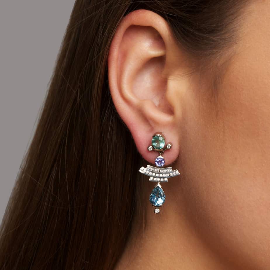 Rudolf Heltzel - 18k White Gold Tourmaline Tanzanite Aquamarine Diamond Drop Earrings - DESIGNYARD, Dublin Ireland.