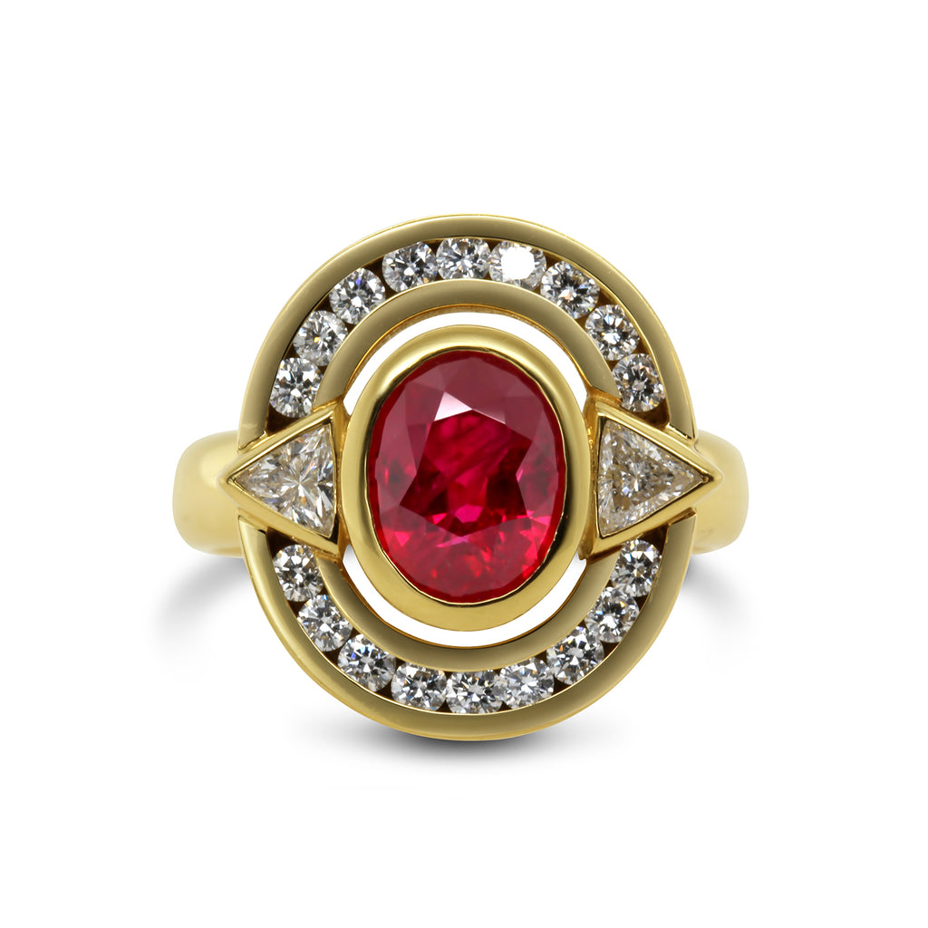 Rudolf Heltzel - 18k Yellow Gold Surround Burmese Ruby Trillion Diamond Ring - DESIGNYARD, Dublin Ireland.