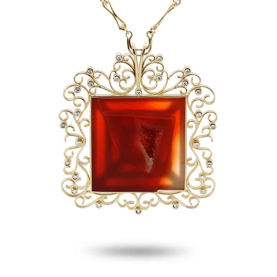 Rudolf Heltzel - 18k Yellow Gold Carved Red Carnelian Diamond Pendant - DESIGNYARD, Dublin Ireland.