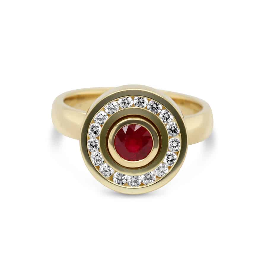 Rudolf Heltzel - 18k Yellow Gold Surround Halo Ruby Diamond Engagement Ring - DESIGNYARD, Dublin Ireland.