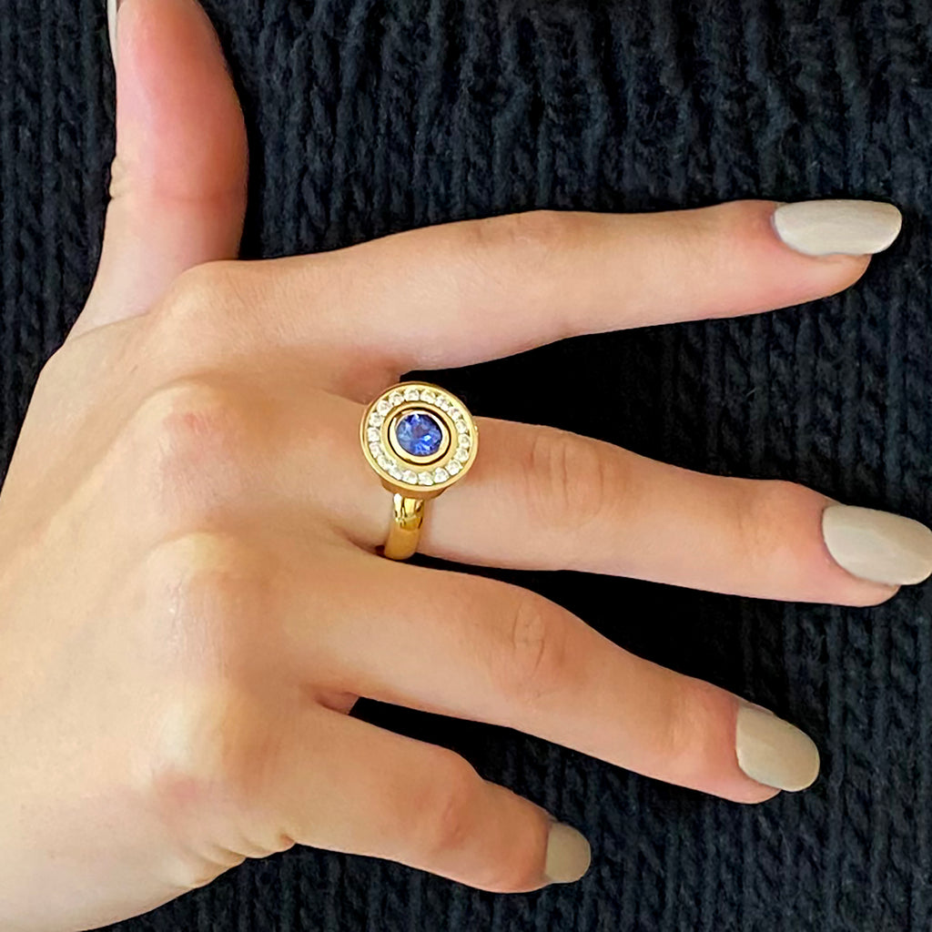 Rudolf Heltzel - 18k Yellow Gold Surround Halo Sapphire Diamond Engagement Ring - DESIGNYARD, Dublin Ireland.