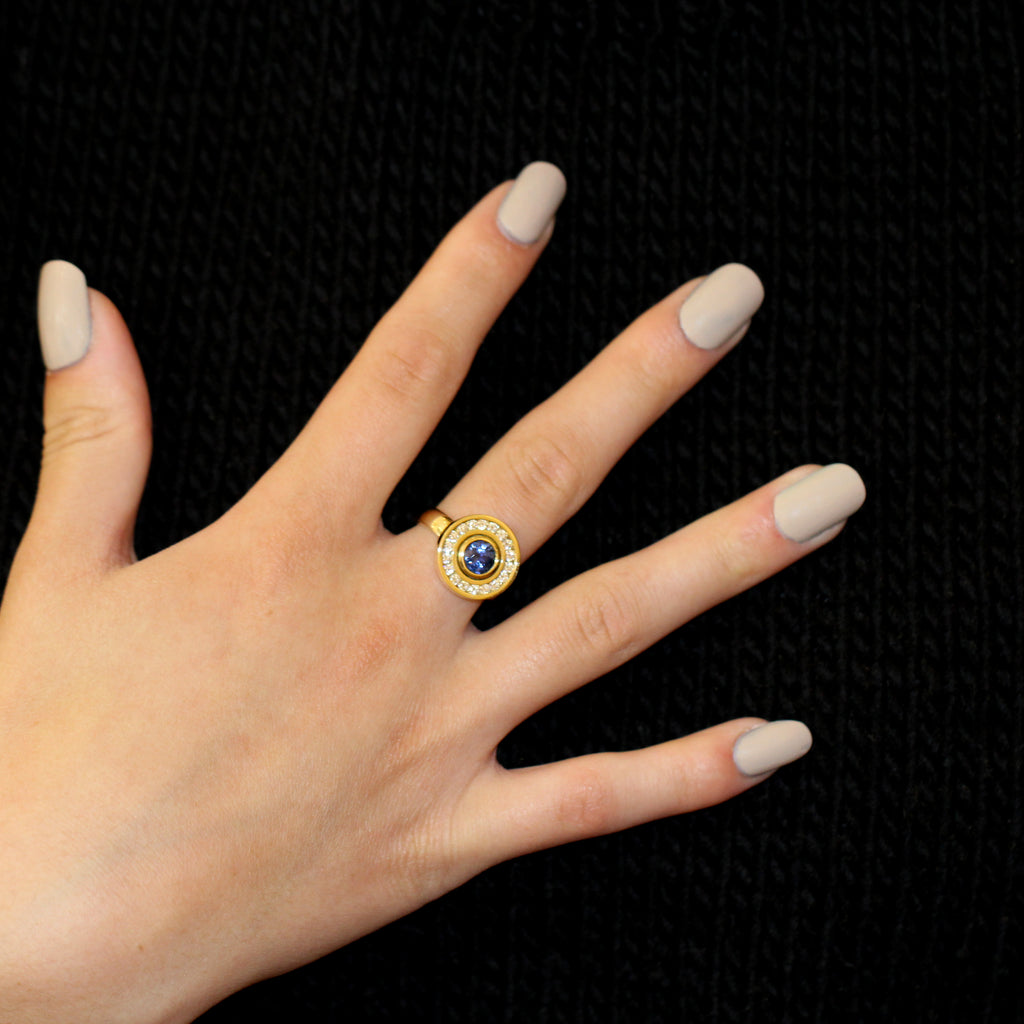 Rudolf Heltzel - 18k Yellow Gold Surround Halo Sapphire Diamond Engagement Ring - DESIGNYARD, Dublin Ireland.
