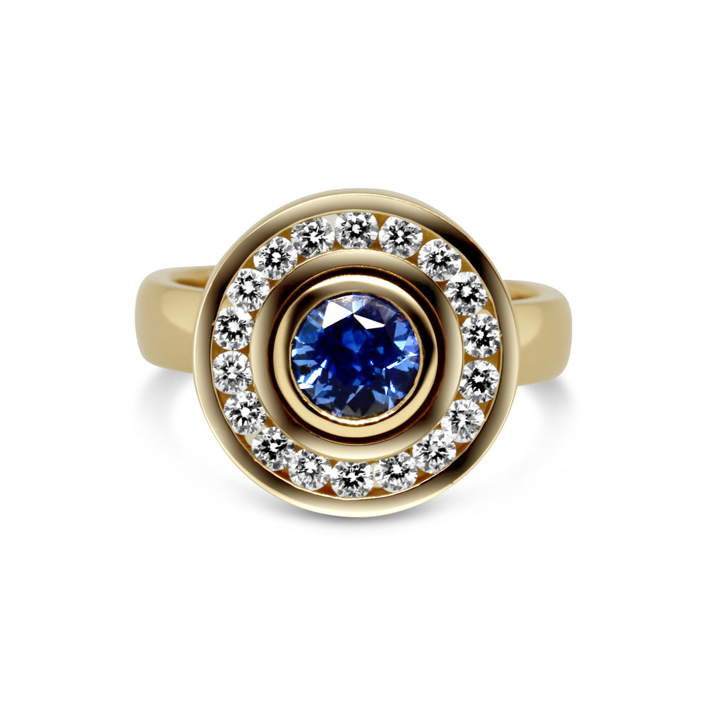 Rudolf Heltzel - 18k Yellow Gold Surround Halo Sapphire Diamond Engagement Ring - DESIGNYARD, Dublin Ireland.