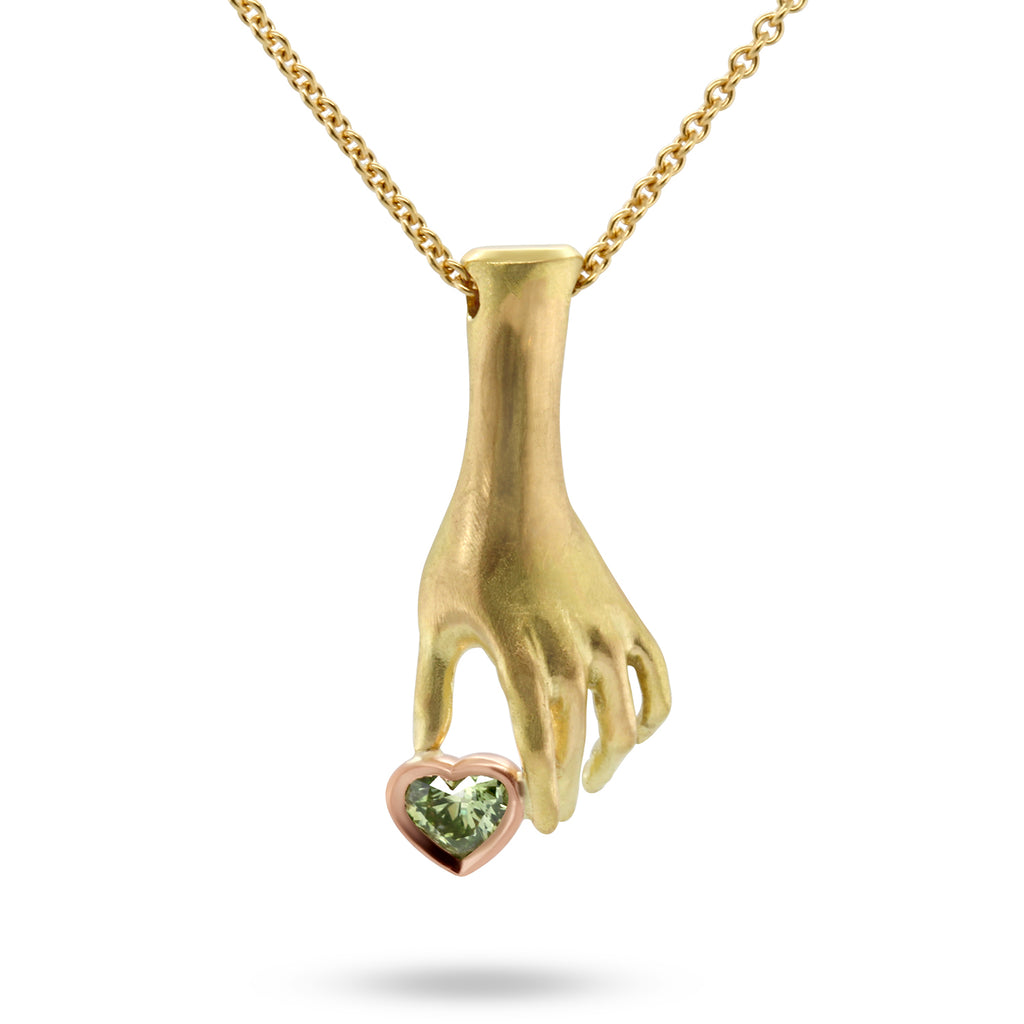 Sam Lafford - 18k Yellow Gold Helping Hand Green Diamond Heart Necklace - DESIGNYARD, Dublin Ireland.