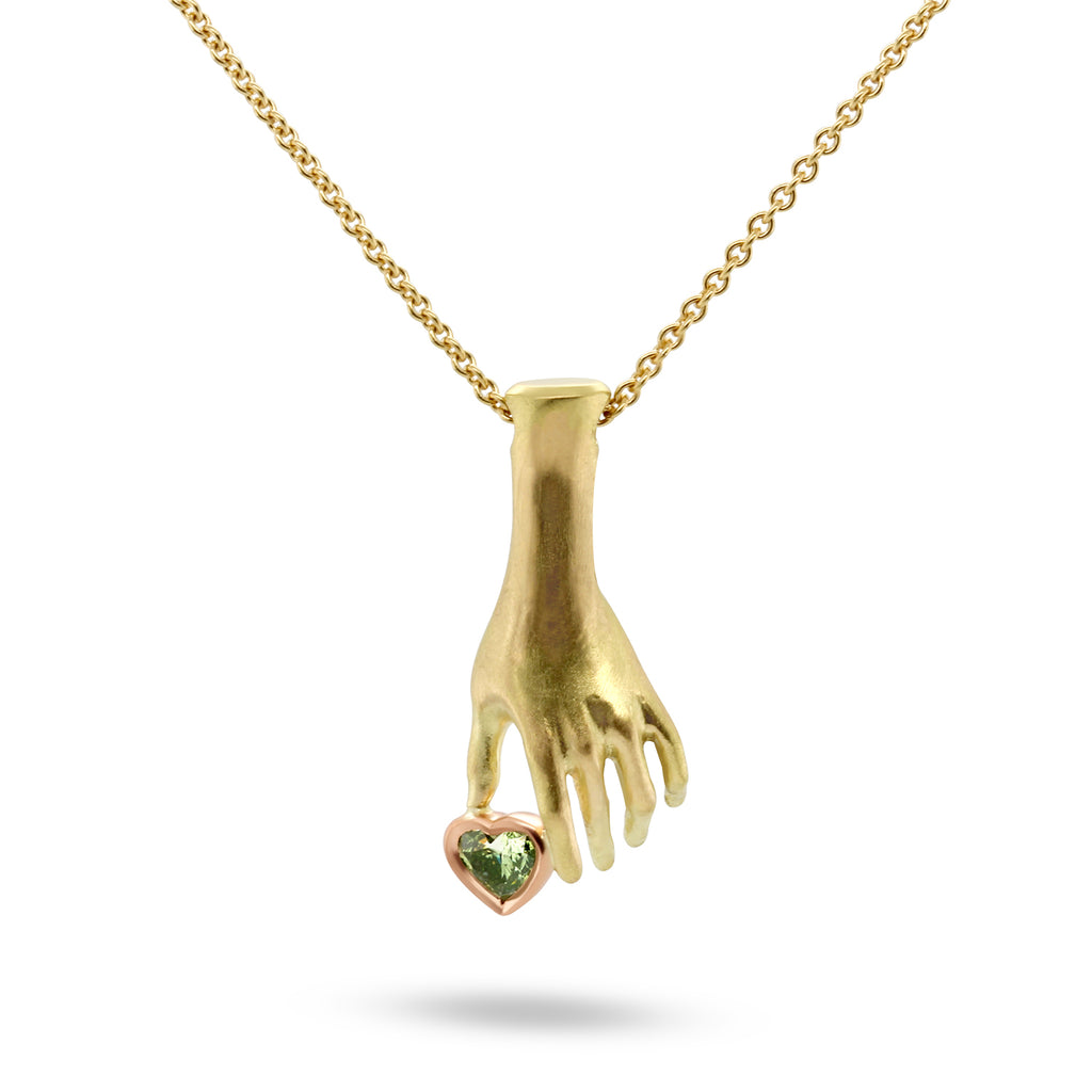 Sam Lafford - 18k Yellow Gold Helping Hand Green Diamond Heart Necklace - DESIGNYARD, Dublin Ireland.