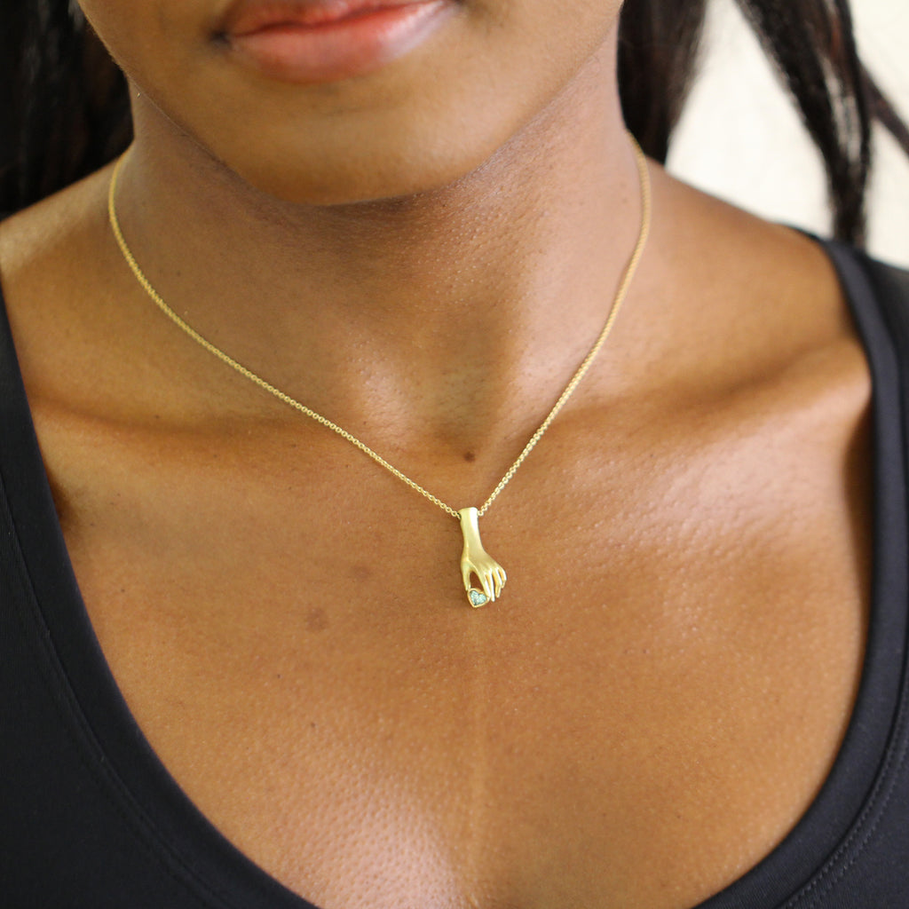 Sam Lafford - 18k Yellow Gold Helping Hand Green Diamond Heart Necklace - DESIGNYARD, Dublin Ireland.