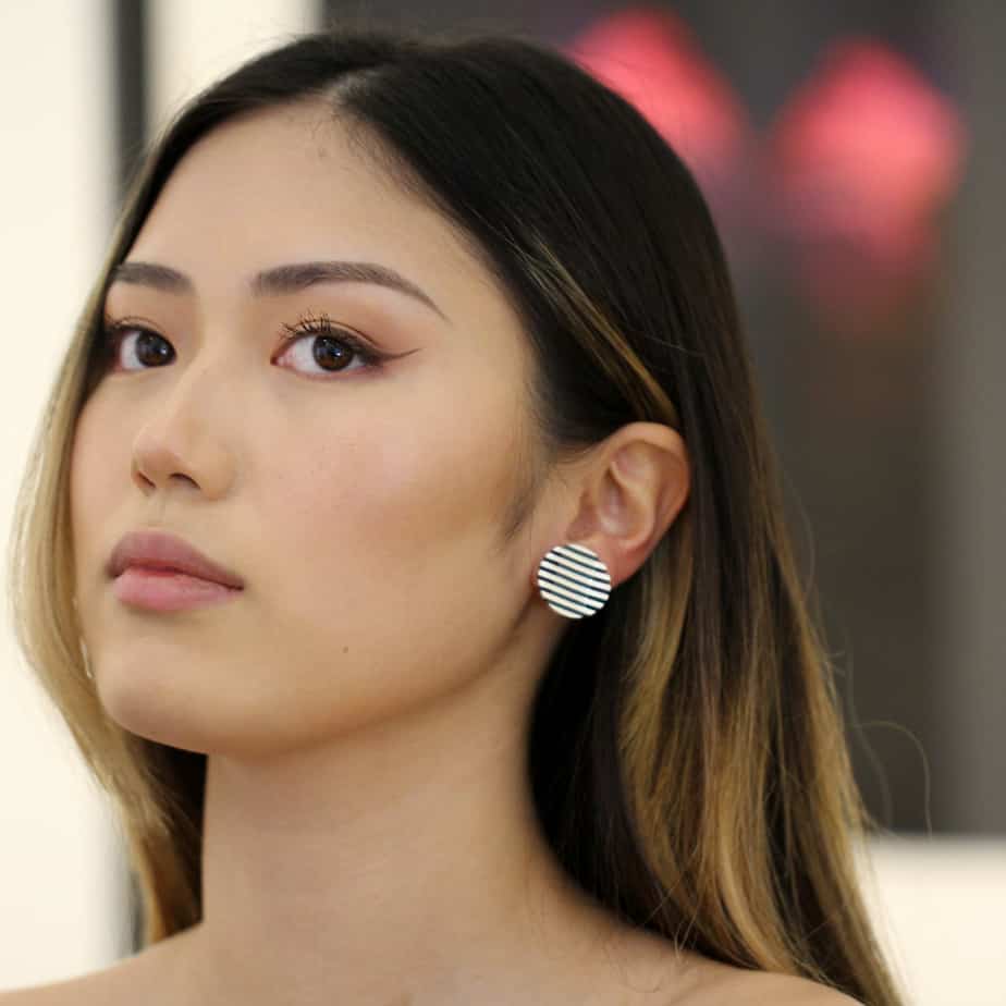 Photograph 2 of Sarah Herriot's Contemporary Oxidised Silver Escalator Clip-on Statement Earrings. Available on DESIGNYARD.com and in our Jewellery Shop Dublin, Ireland. Free Worldwide Shipping with DHL.