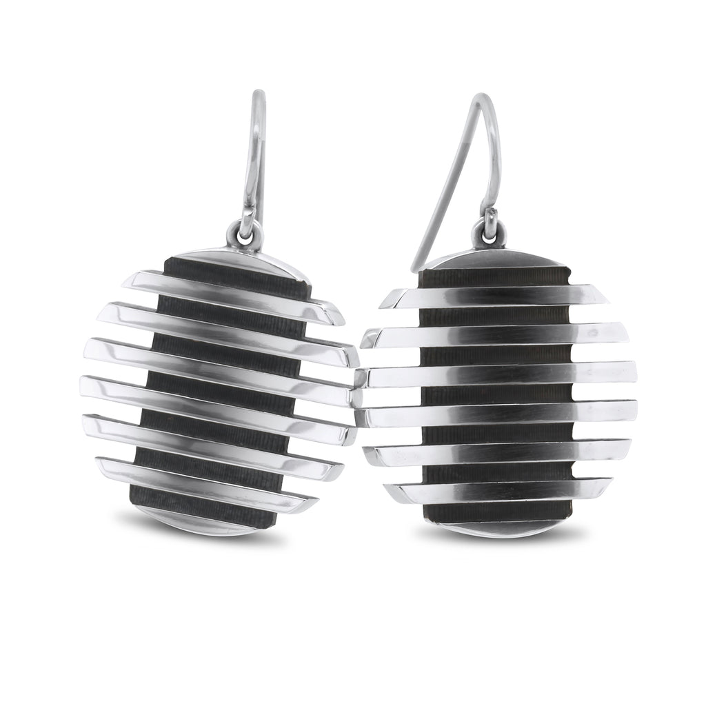 Photograph 1 of Sarah Herriot's Contemporary Oxidised Silver Escalator Hook Statement Earrings. Available on DESIGNYARD.com and in our Jewellery Shop Dublin, Ireland. Free Worldwide Shipping with DHL.