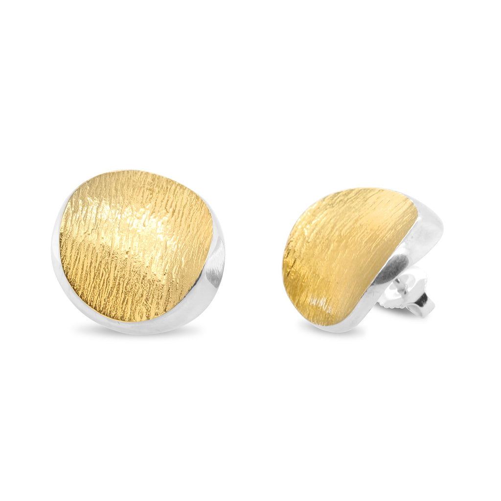 Photograph 1 of Seamus Gill's Contemporary 22k Yellow Gold Silver Flowing Curves Round Stud Earrings. Available on DESIGNYARD.com and in our Jewellery Shop Dublin, Ireland. Free Worldwide Shipping with DHL.
