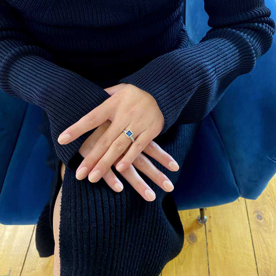 Photograph 2 of Shimara Carlow's Contemporary 18k White Yellow Gold Blue Topaz Diamond Statement Ring. Available on DESIGNYARD.com and in our Jewellery Shop Dublin, Ireland. Free Worldwide Shipping with DHL.