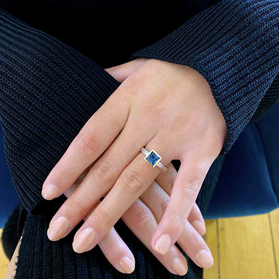 Contemporary White Yellow Gold Blue Topaz Diamond Ring by