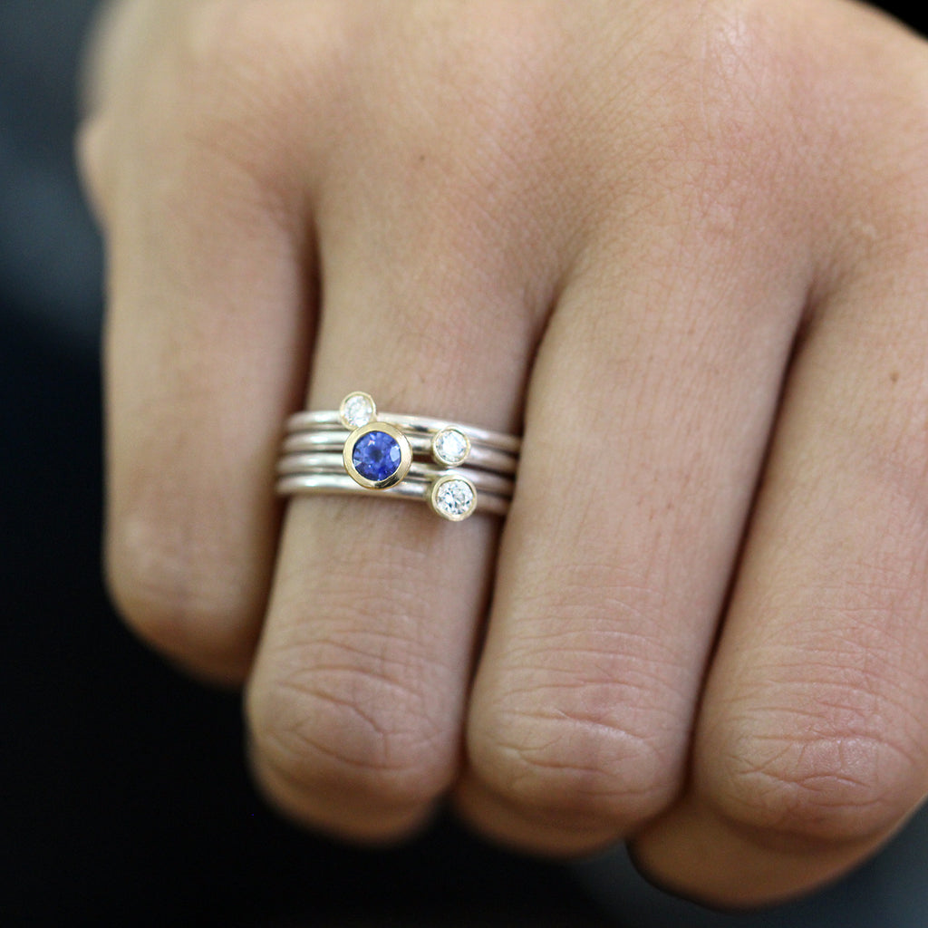 Shimara Carlow - Sterling Silver 18k Yellow Gold Blue Sapphire Diamond Stacking Ring - DESIGNYARD, Dublin Ireland.