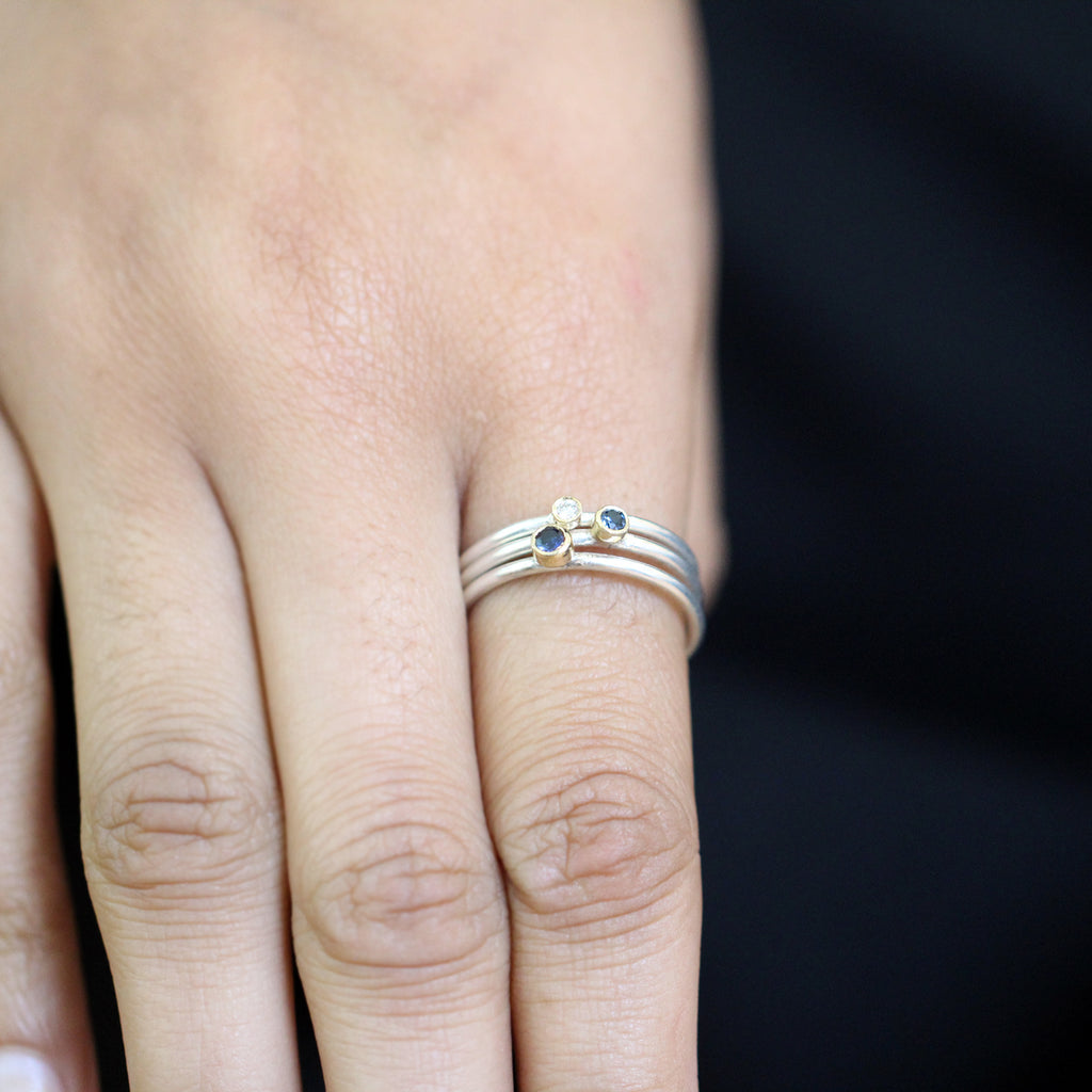 Photograph 3 of Shimara Carlow's Contemporary Silver & 18k Yellow Gold Blue Sapphire Diamond Stacking Ring. Available on DESIGNYARD.com and in our Jewellery Shop Dublin, Ireland. Free Worldwide Shipping with DHL.