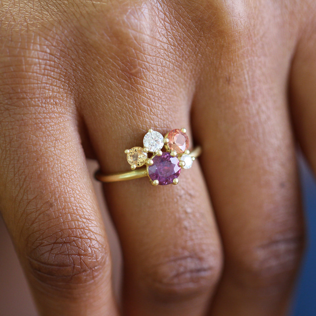 Photograph 2 of Shimell And Madden's Contemporary 18k Yellow Gold Asterism Sunset Sapphire Diamond Engagement Ring. Available on DESIGNYARD.com and in our Jewellery Shop Dublin, Ireland. Free Worldwide Shipping with DHL.
