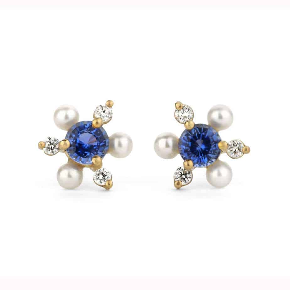 Shimell And Madden - 18k Yellow Gold Sapphire Diamond Pearl Rotational Trio Earrings - DESIGNYARD, Dublin Ireland.