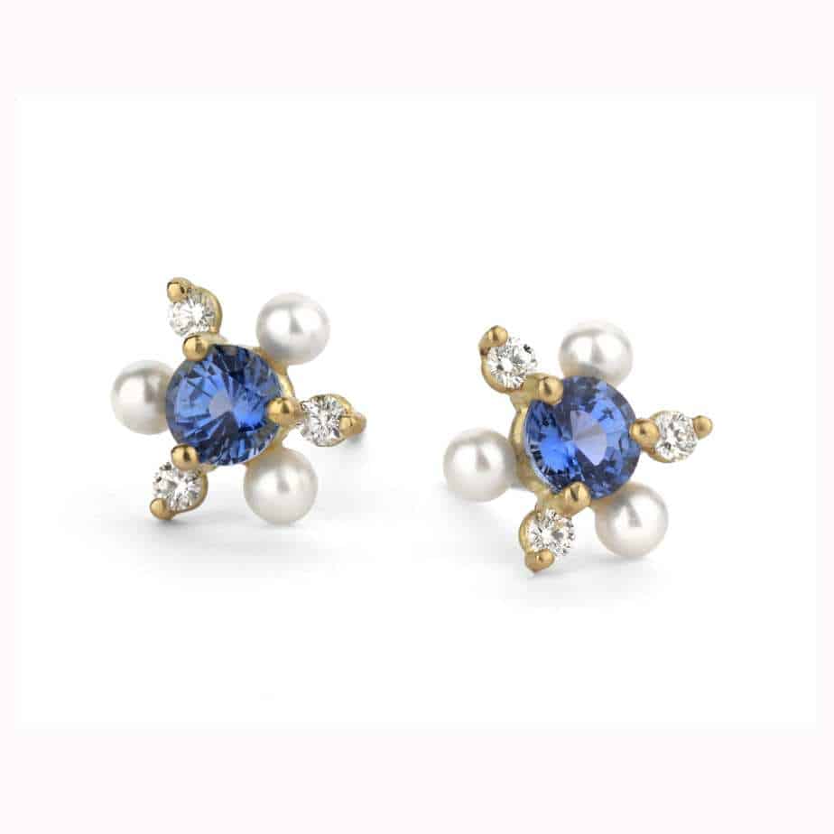 Shimell And Madden - 18k Yellow Gold Sapphire Diamond Pearl Rotational Trio Earrings - DESIGNYARD, Dublin Ireland.