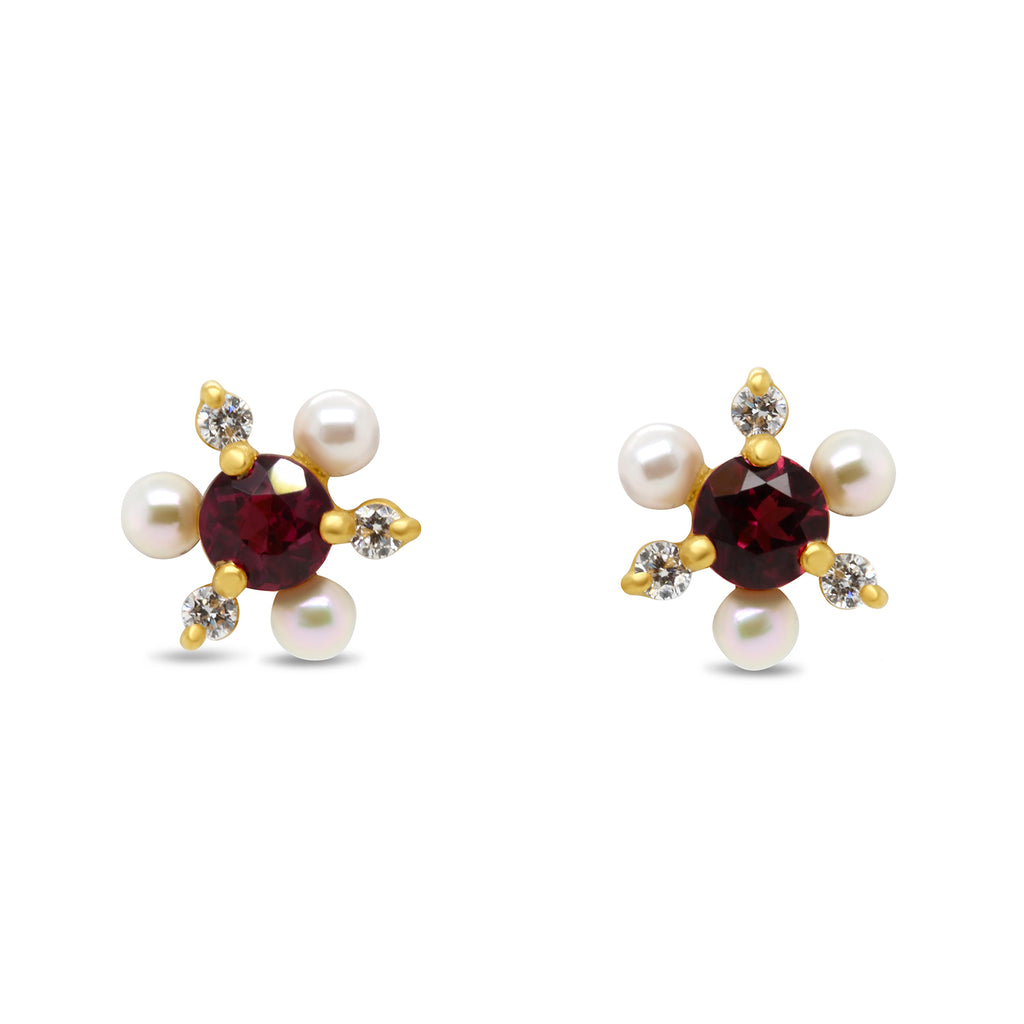 Photograph 1 of Shimell And Madden's Contemporary 18k Yellow Gold Rhodolite Garnet Diamond Pearl Rotational Trio Earrings. Available on DESIGNYARD.com and in our Jewellery Shop Dublin, Ireland. Free Worldwide Shipping with DHL.