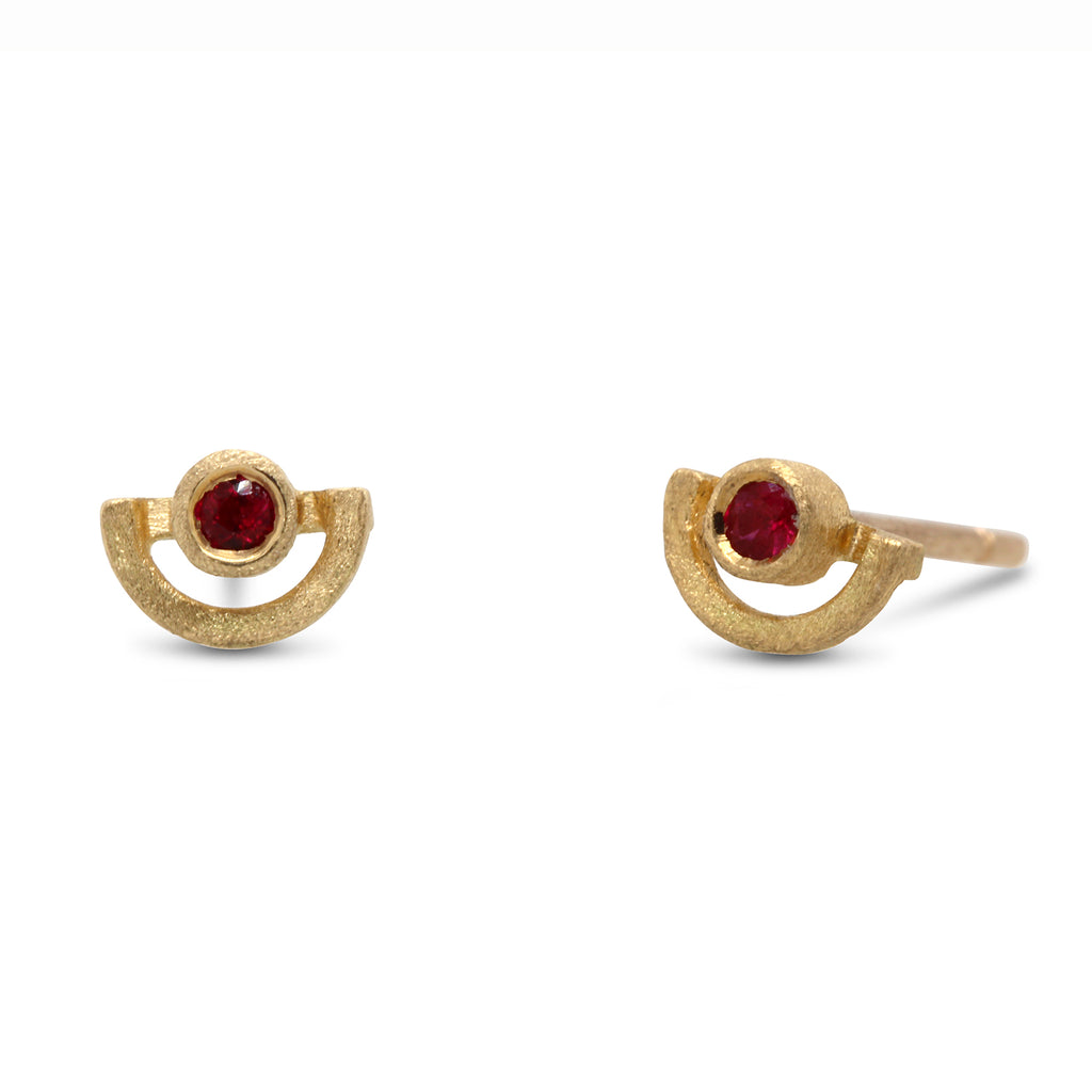 Shimell And Madden - 18k Yellow Gold Ruby Mini Half Circle Stud Earrings - DESIGNYARD, Dublin Ireland.