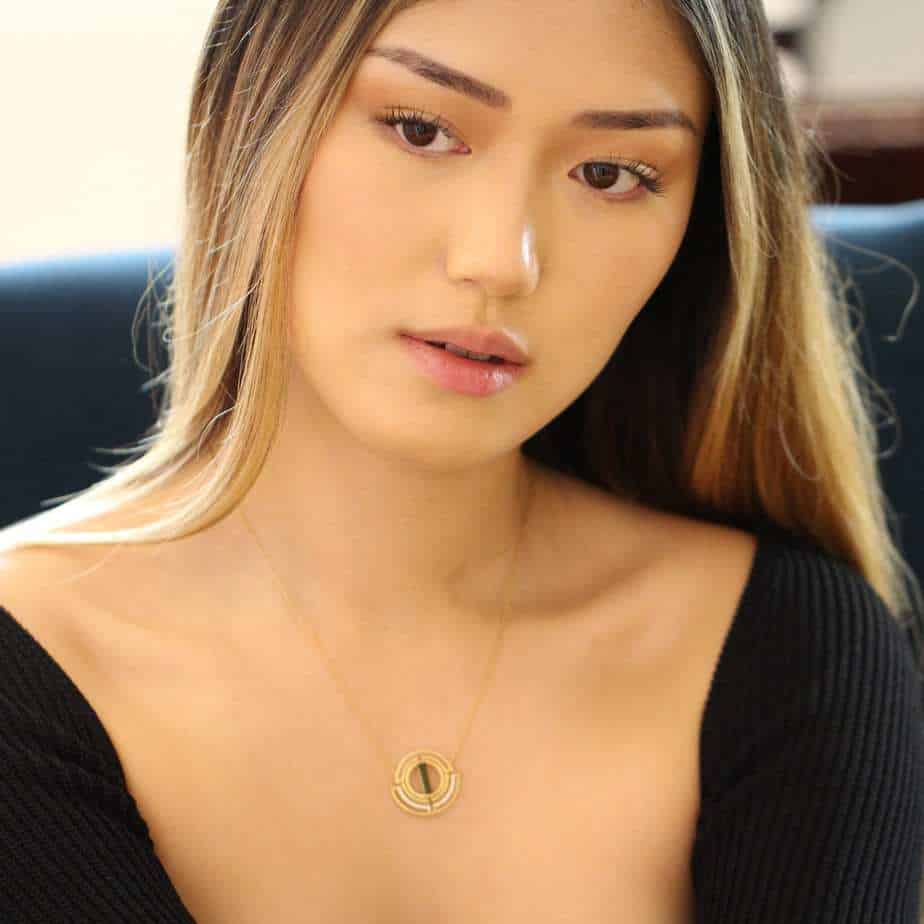 Photograph 3 of Shimell And Madden's Contemporary 18k Yellow Gold Tourmaline Diamond Arc Circle Necklace. Available on  DESIGNYARD.com and in our Jewellery Shop Dublin, Ireland. Free Worldwide Shipping with DHL.