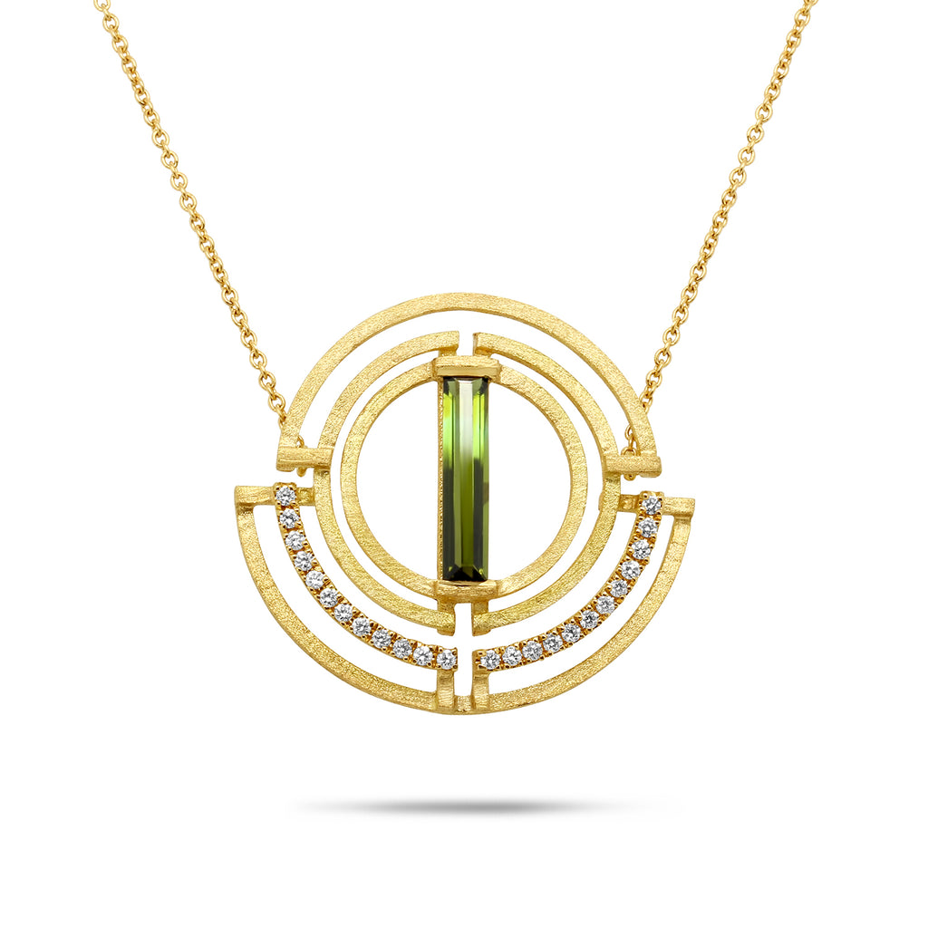Photograph 1 of Shimell And Madden's Contemporary 18k Yellow Gold Tourmaline Diamond Arc Circle Necklace. Available on  DESIGNYARD.com and in our Jewellery Shop Dublin, Ireland. Free Worldwide Shipping with DHL.