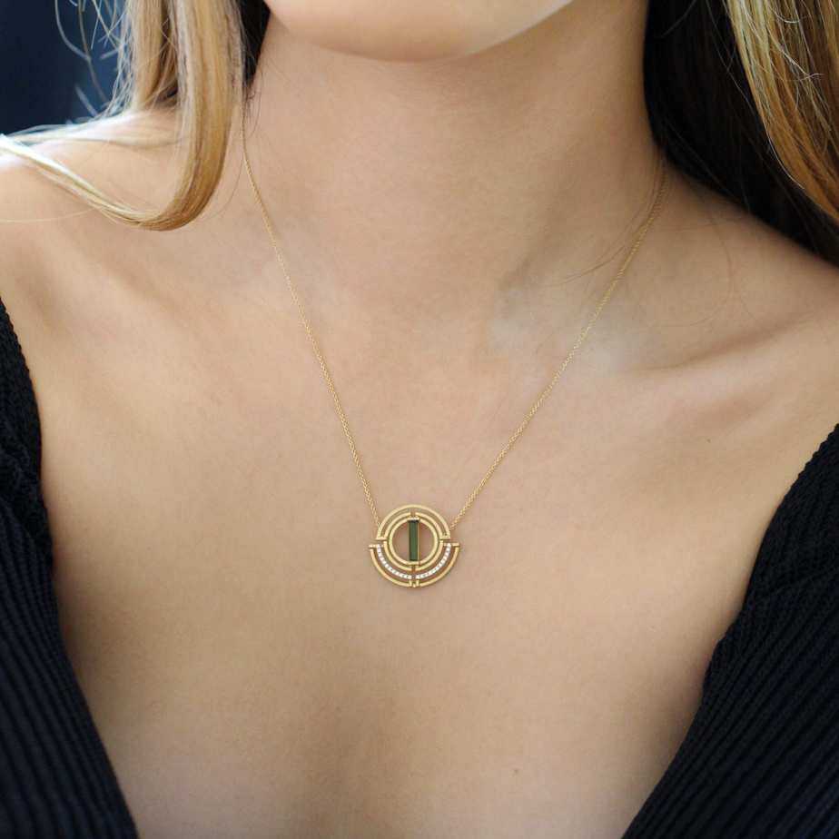 Photograph 2 of Shimell And Madden's Contemporary 18k Yellow Gold Tourmaline Diamond Arc Circle Necklace. Available on  DESIGNYARD.com and in our Jewellery Shop Dublin, Ireland. Free Worldwide Shipping with DHL.