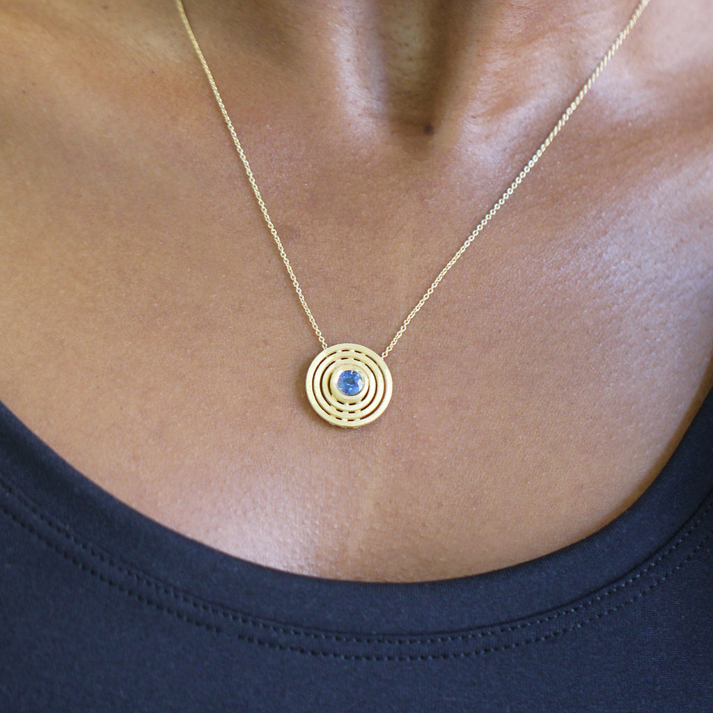 Shimell And Madden - 18k Yellow Gold Blue Sapphire Triple Nova Pendant - DESIGNYARD, Dublin Ireland.
